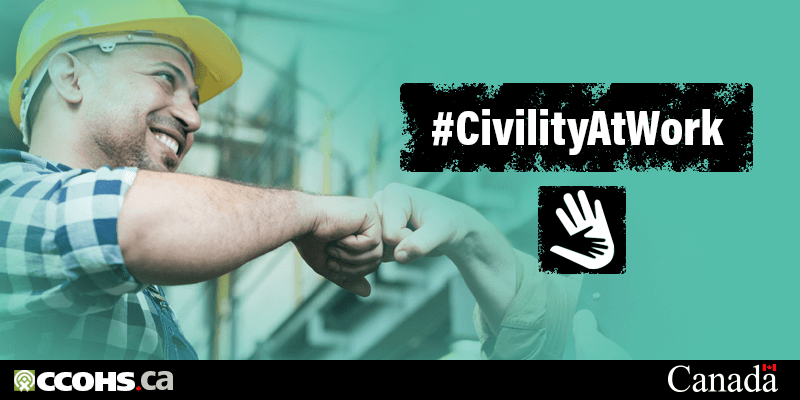 A man in construction fist bumping a coworker. The hashtag on the image says #civilityatwork.