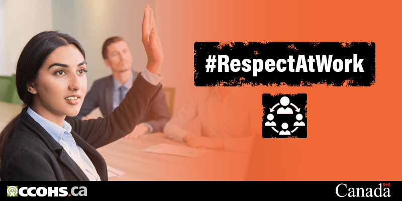 A women in an office boardroom raises her hand. The hashtag on the image says #respectatwork.