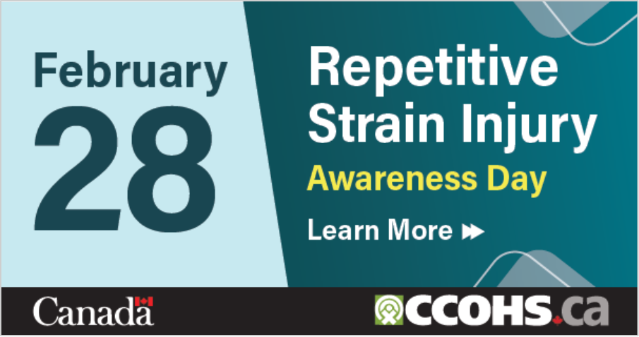 A bright blue rectangular badge for a website that says Repetitive Strain Injury Awareness Day, February 28, and Learn More.