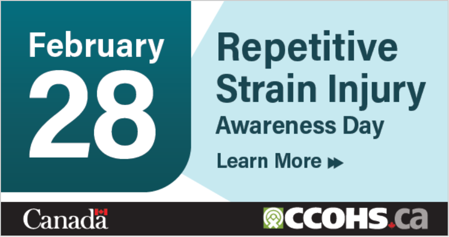 A blue rectangular badge for a website that says Repetitive Strain Injury Awareness Day, February 28, and Learn More.