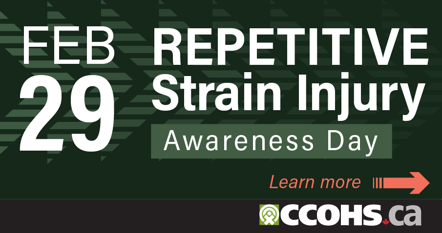 A dark green rectangular badge for a website that says Repetitive Strain Injury Awareness Day, February 28, and Learn More.