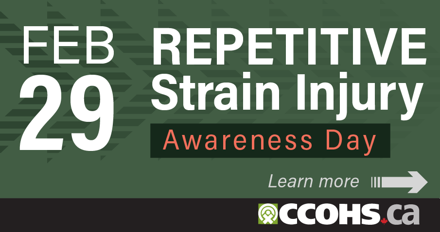 A bright greem rectangular badge for a website that says Repetitive Strain Injury Awareness Day, February 28, and Learn More.