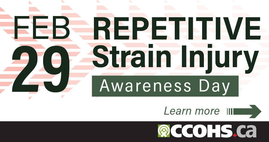 A white rectangular badge for a website that says Repetitive Strain Injury Awareness Day, February 28, and Learn More.
