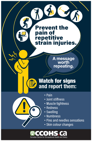 Preview a blue poster for Repetitive Strain Injury Awareness Day showing the February 28th date and icons that represent actions that can cause injuries