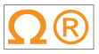 White rectangle with orange Greek letter omega
