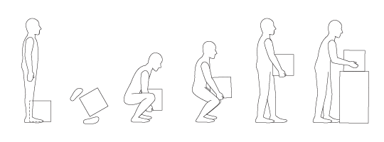 Silhouetted sequence showing a worker lifting a box using proper manual handling technique: starting from standing, squatting to pick up the box, lifting with bent knees and a straight back, carrying the box upright, and placing it on a raised surface.