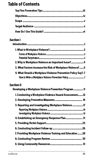 Snapshot of the publication's Table of Contents