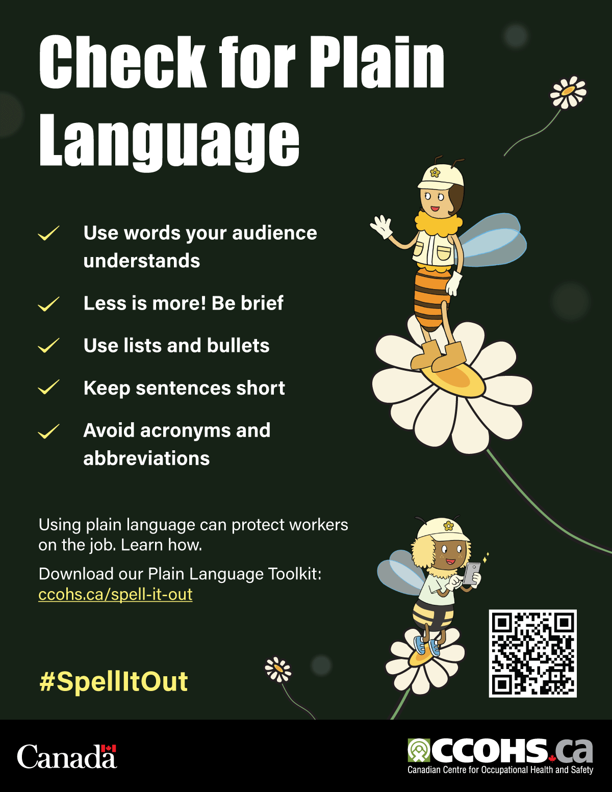 A downloadable poster about the Plain Language Toolkit. An image of two bees standing on flowers with a quick-response code for more information.
